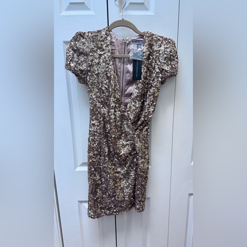 French Connection Gold and Brown Sequin Backless Dress